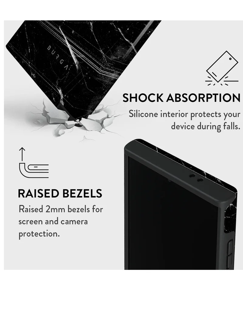 BURGA Samsung Galaxy S24 Ultra Case, 2 Piece Hard Shell + TPU Silicone Interior, Shock Absorption, All Port Accessible, Raised Bezel For Screen & Camera Protection, Never Fading HQ Print, Black Noir Origin