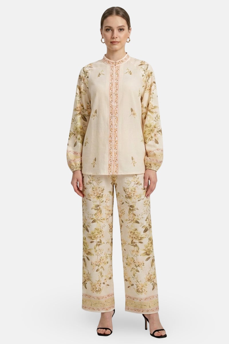 Kathy Ireland Women 2 Pcs Floral Print Shirt And Palazzo Pants Set, Multicolor - Image 1