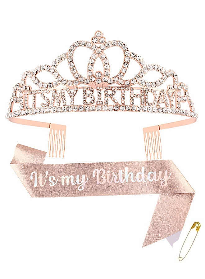 هابي دي طقم شريط وعرقوب للبنات في عيد الميلاد، تاج عيد ميلاد للنساء، عصابة رأس 'إنه عيد ميلادي' وشريط 'إنه عيد ميلادي'، عصابة رأس عيد ميلاد للبنات، هدية حفلة للنساء (روز غولد) - Image 1