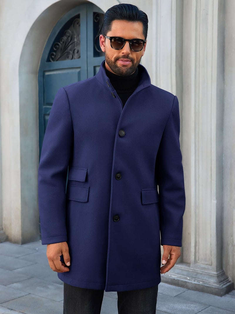 Runcati Mens Pea Coats Single Breasted Stand Collar Casual Slim Fit Trench Coat Mid Long Winter Overcoat with Pockets - Image 2