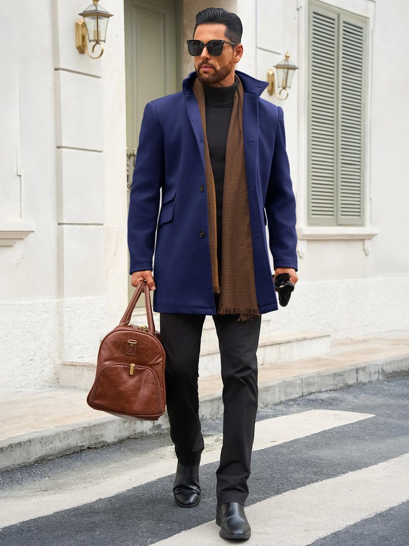 Runcati Mens Pea Coats Single Breasted Stand Collar Casual Slim Fit Trench Coat Mid Long Winter Overcoat with Pockets - Image 4