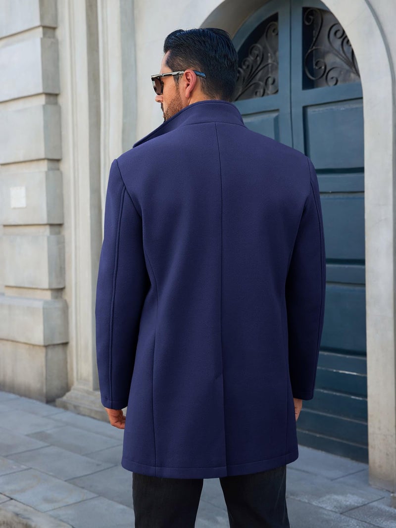 Runcati Mens Pea Coats Single Breasted Stand Collar Casual Slim Fit Trench Coat Mid Long Winter Overcoat with Pockets - Image 3