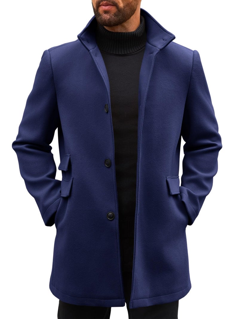 Runcati Mens Pea Coats Single Breasted Stand Collar Casual Slim Fit Trench Coat Mid Long Winter Overcoat with Pockets - Image 1