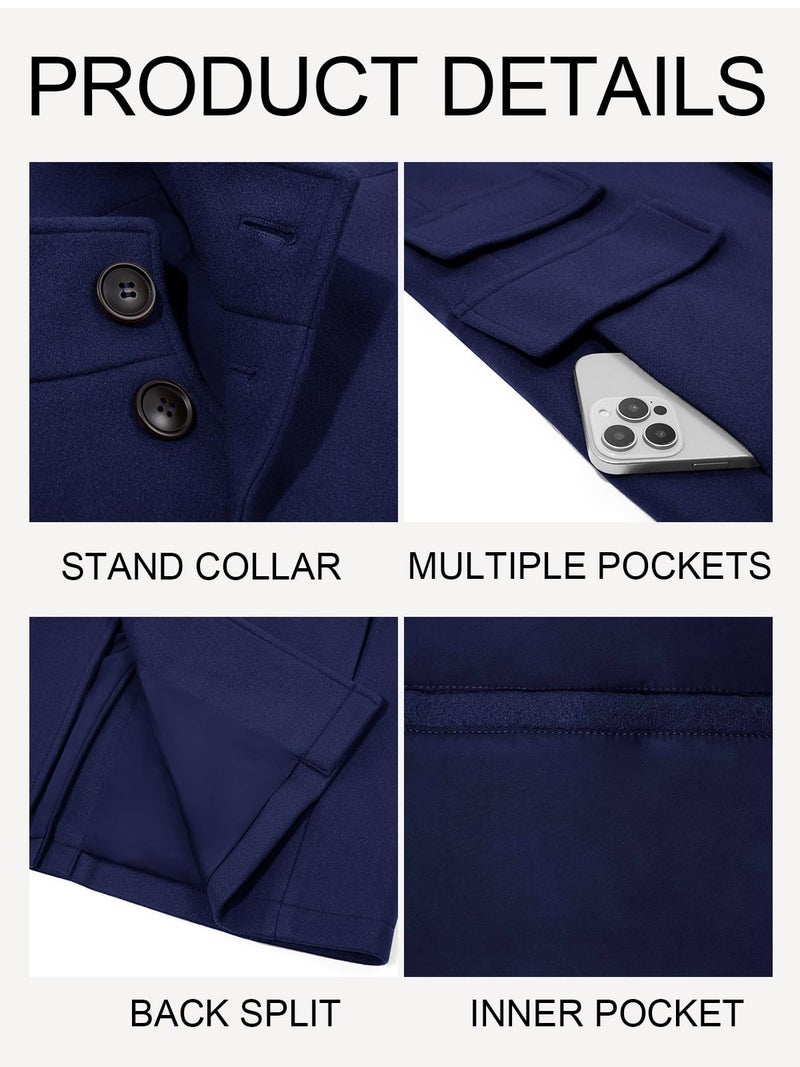 Runcati Mens Pea Coats Single Breasted Stand Collar Casual Slim Fit Trench Coat Mid Long Winter Overcoat with Pockets - Image 5