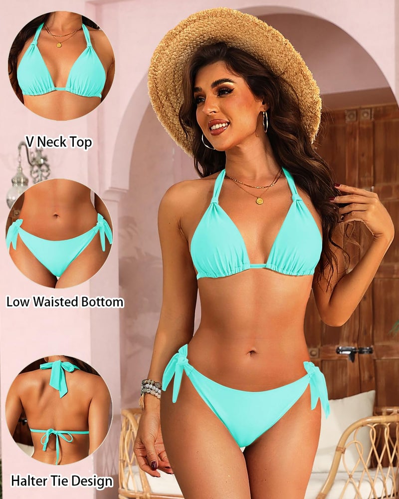 Aqua Eve Women Halter Bikini Set - Two Piece Triangle Swimsuit Tie Bathing Suit 2025 Cute Swimwear Turquoise Large - Image 5