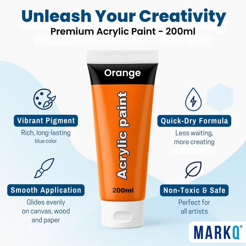 MARKQ طلاء أكريليك 200 مل أنبوب – ألوان فنية غنية، عالية الصبغة وغير سامة | 10 ألوان زاهية للحرف اليدوية، القماش، الورق، الخشب، القماش، ومشاريع الفن (برتقالي) - Image 1