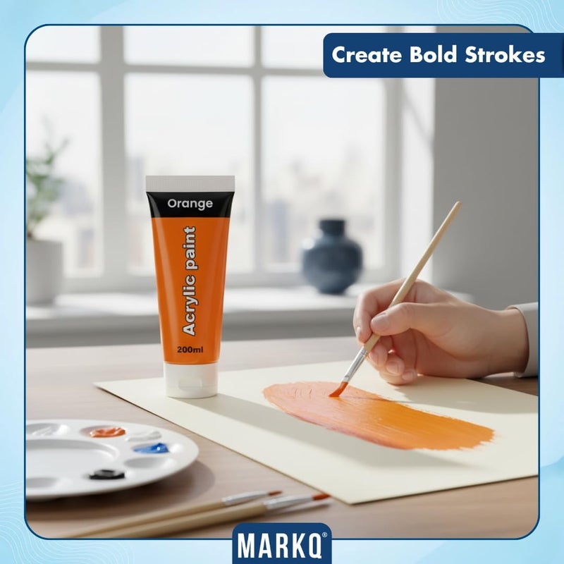 MARKQ طلاء أكريليك 200 مل أنبوب – ألوان فنية غنية، عالية الصبغة وغير سامة | 10 ألوان زاهية للحرف اليدوية، القماش، الورق، الخشب، القماش، ومشاريع الفن (برتقالي) - Image 3