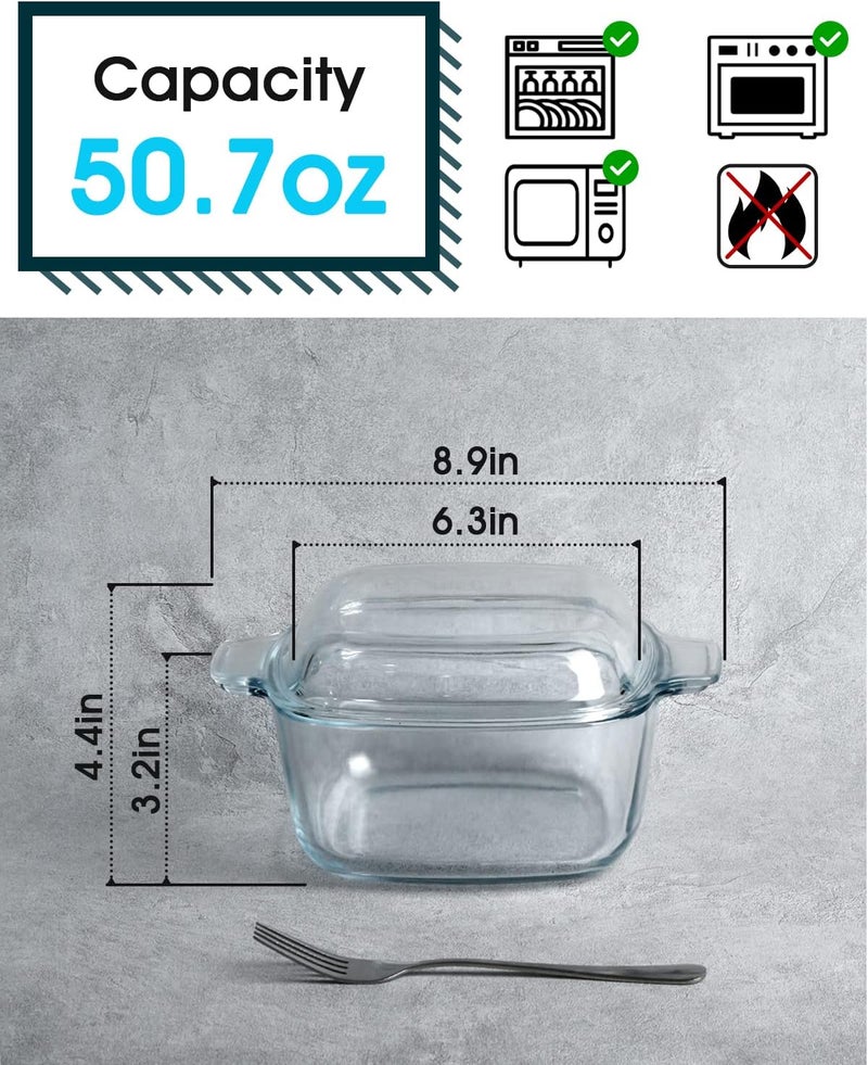 NUTRIUPS 1.5L Glass Casserole Dish with Lid Square Casserole Dish Glass Oven Bakeware Microwave Safe Dish with Lid - Image 2