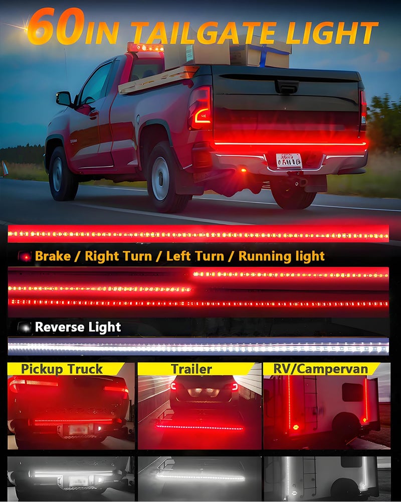 Qasim 60inch Truck Tailgate Light Strip Bar,White Reverse Light/Red Brake Rear Turn Signal LED Strip for Pickup Trailer Cargo Tailgate Running Flash Light - Image 5
