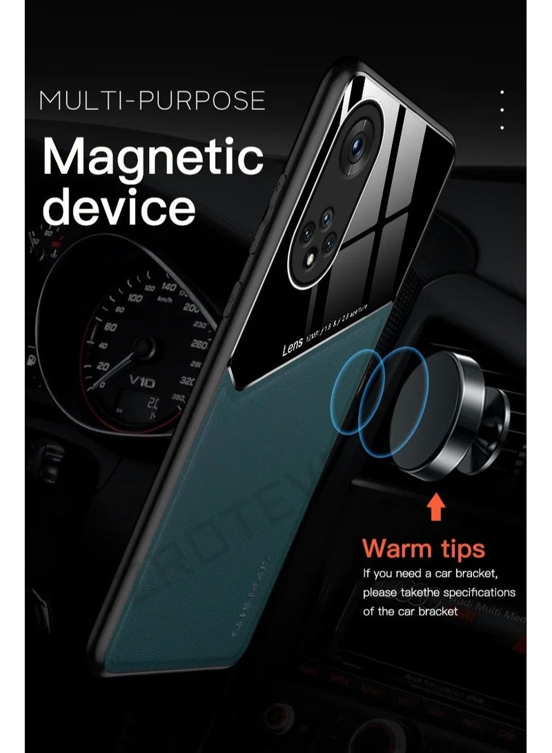 Case Compatible With Huawei Nova 9 Se Cover Luxury Leather And Glass With Car Magnetic Holder Phone Cover Soft Frame Silicone (Black)