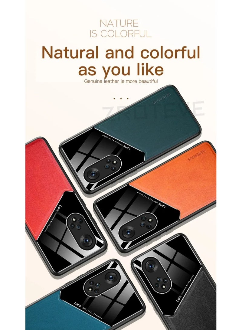 Case Compatible With Huawei Nova 9 Se Cover Luxury Leather And Glass With Car Magnetic Holder Phone Cover Soft Frame Silicone (Black)