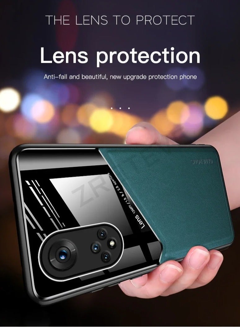 Case Compatible With Huawei Nova 9 Se Cover Luxury Leather And Glass With Car Magnetic Holder Phone Cover Soft Frame Silicone (Black)