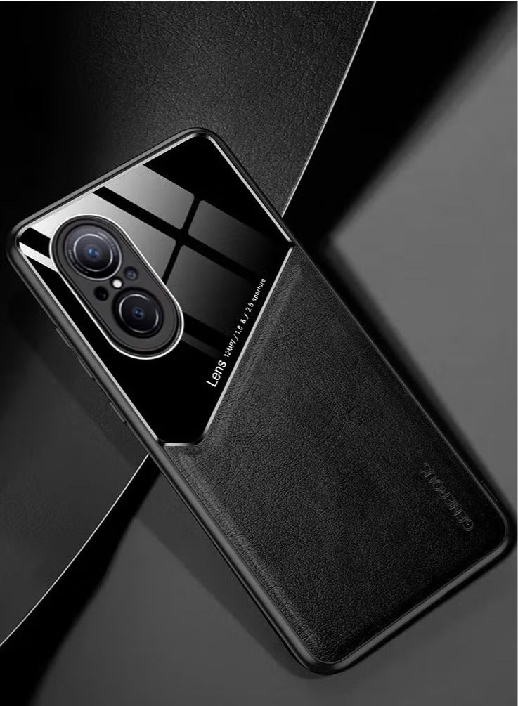 Case Compatible With Huawei Nova 9 Se Cover Luxury Leather And Glass With Car Magnetic Holder Phone Cover Soft Frame Silicone (Black)