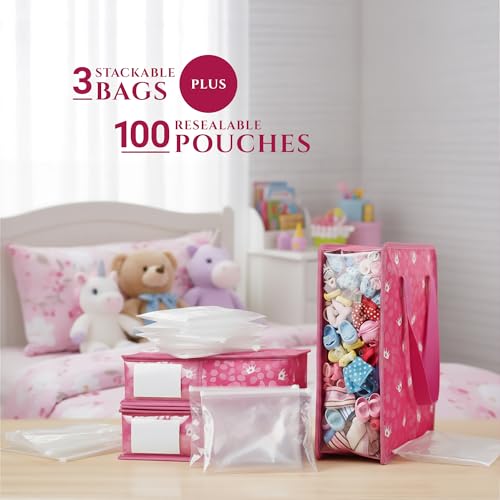 Primo Lines Doll Clothes Accessories Storage Organizer 3 Pink Stackable Bags with Adjustable Dividers 100 Resealable Pouches for Doll Outfits Shoes Small Accessories Waterproof TravelReady - Image 5