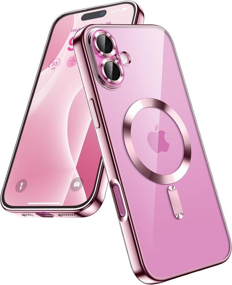 VONZEE Electroplating Transparent Clear Logo Cover TPU Case For iPhone 16 Case, Compatible with Magsafe, Full Body & Individual Camera Protection For Each Lens For Men & Women (Pink) - Image 1