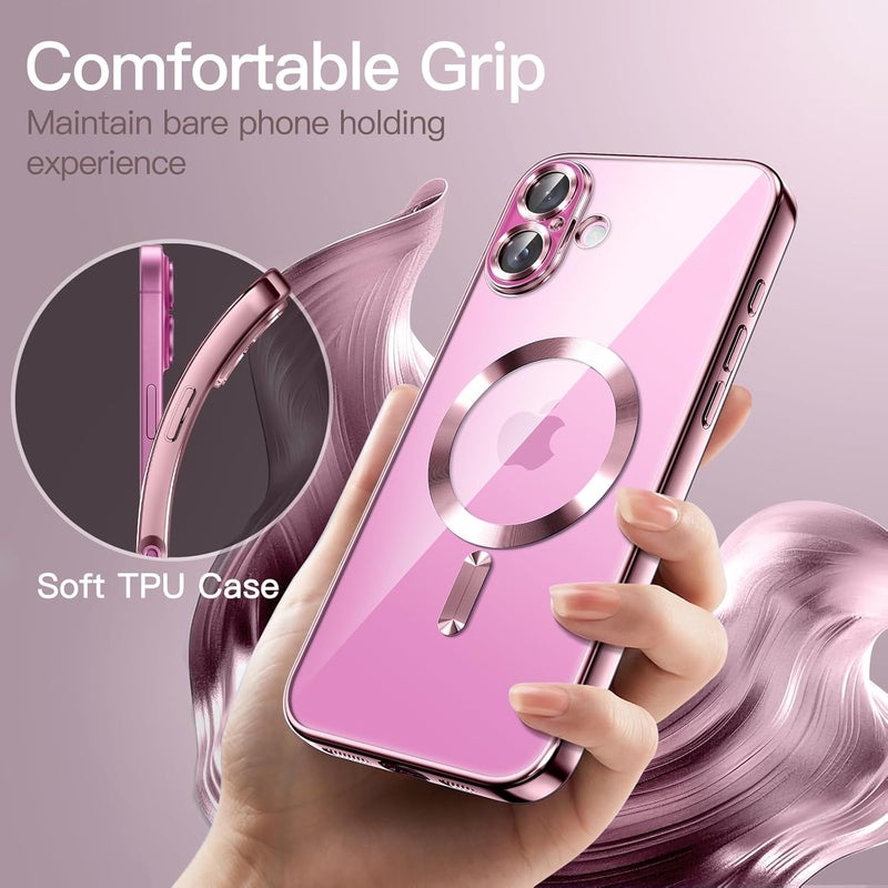 VONZEE Electroplating Transparent Clear Logo Cover TPU Case For iPhone 16 Case, Compatible with Magsafe, Full Body & Individual Camera Protection For Each Lens For Men & Women (Pink) - Image 3