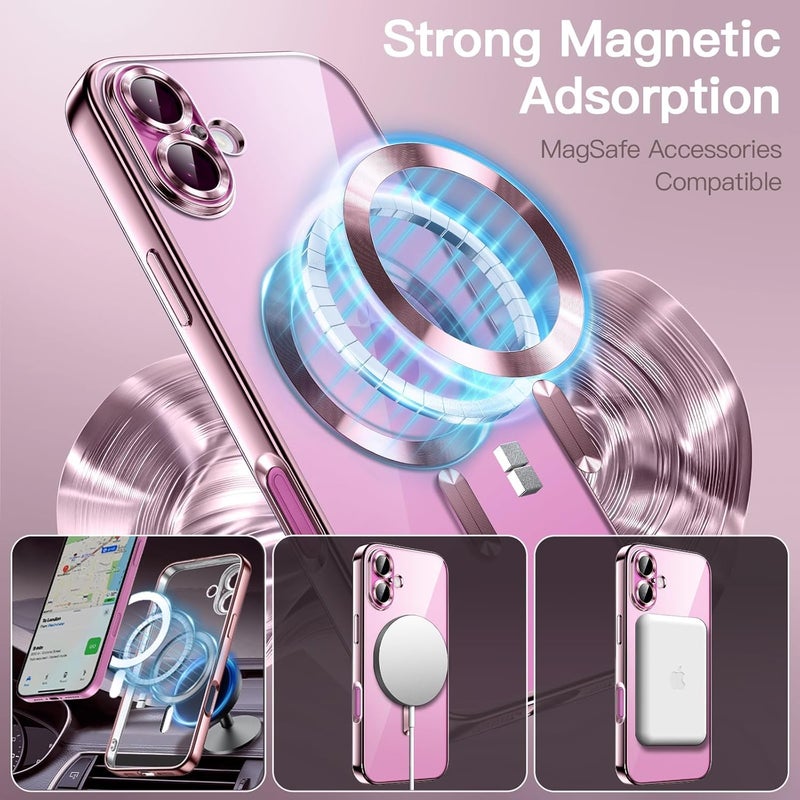 VONZEE Electroplating Transparent Clear Logo Cover TPU Case For iPhone 16 Case, Compatible with Magsafe, Full Body & Individual Camera Protection For Each Lens For Men & Women (Pink) - Image 5