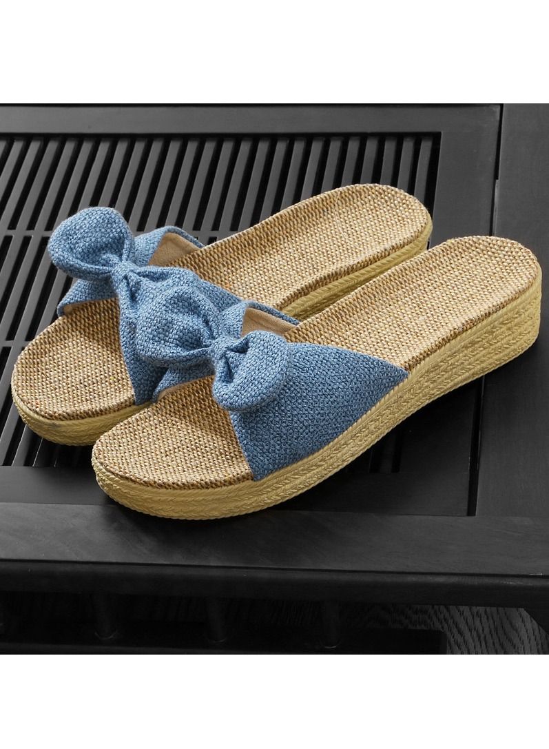 Loquat Women's Solid Color Bowknot Thick Soled Flax Slippers Non Slip Linen Indoor Slippers Open Toe Blue 