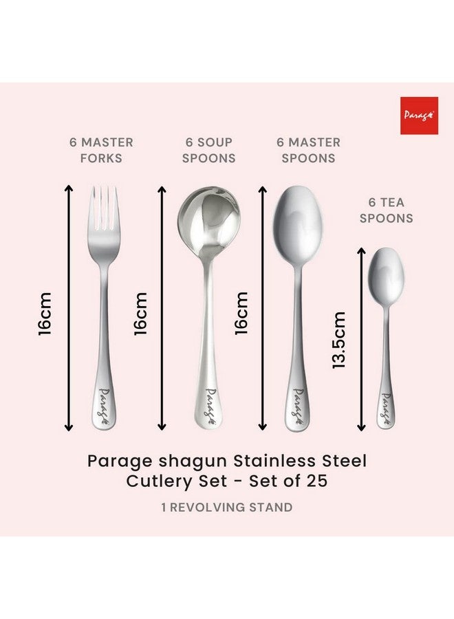 Parage 25 Pieces Shagun Stainless Steel Cutlery Set for Home & Kitchen (Contains: 6 Spoons, 6 Forks, 6 Tea Spoons, 6 Soup Spoons, 1 SS Stand), Spoon Set, Dining Table Stylish, Silver - Image 5