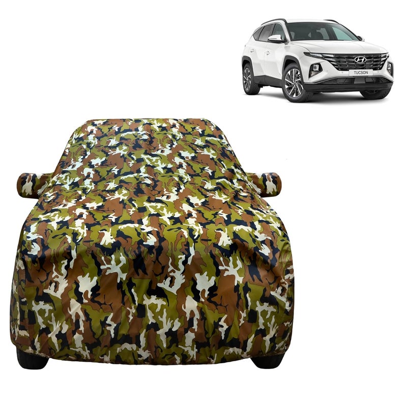 VYAS 100% Waterproof Car Body Cover for Hyundai Tuscon (2020-2025) with Mirror Pocket Triple Stitched Belt & Buckle Fitting Dual Elastic, Durable Material Jungle Print Camouflage Design - Image 1