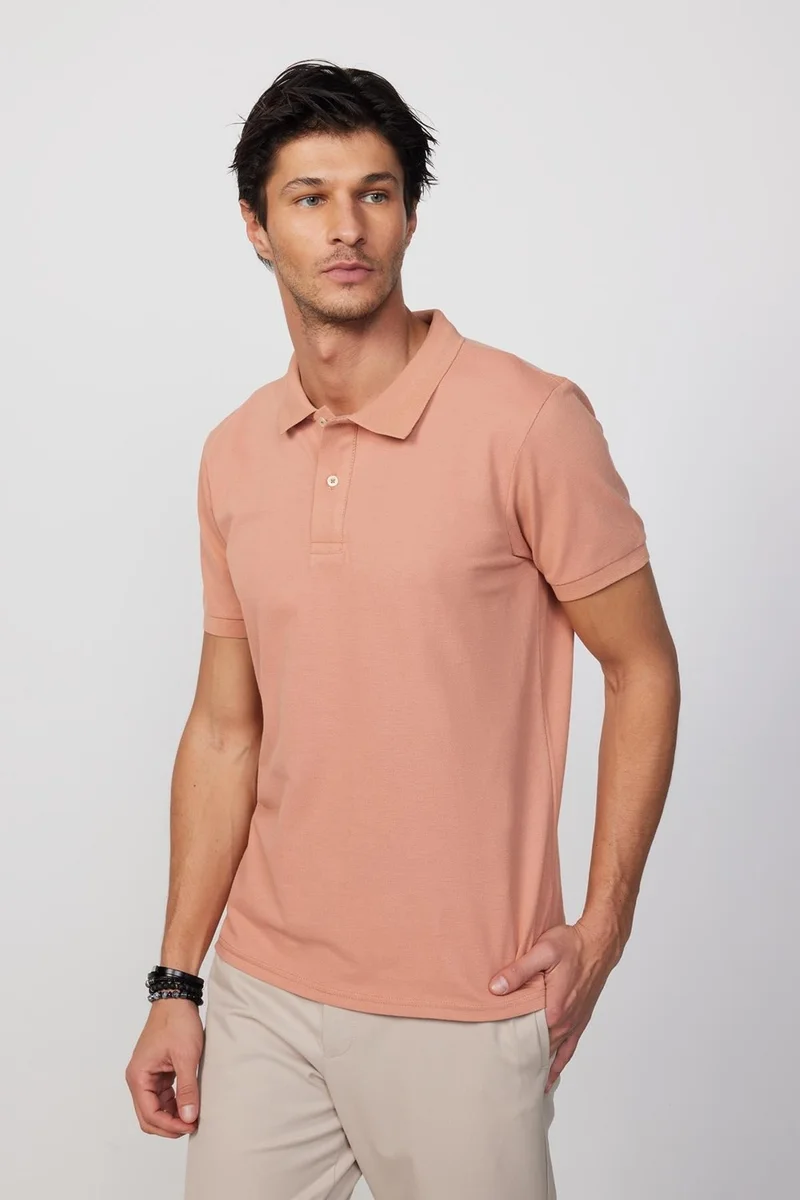 Tudors Men's Slim Fit Narrow Cut Cotton Plain Pique Salmon Color Polo Collar T-Shirt