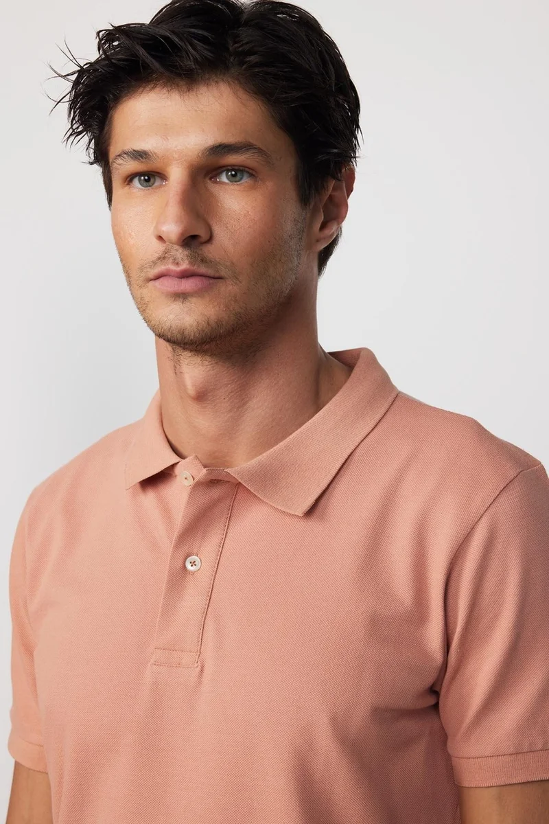 Tudors Men's Slim Fit Narrow Cut Cotton Plain Pique Salmon Color Polo Collar T-Shirt