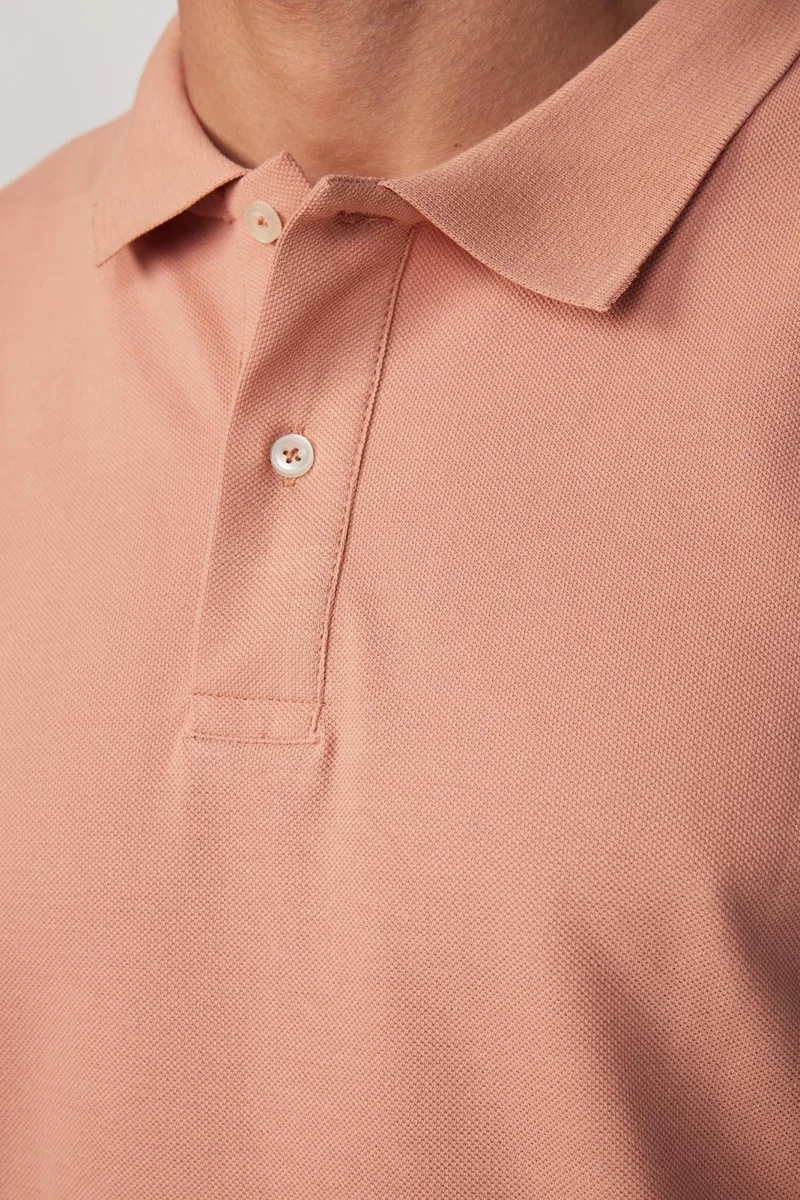 Tudors Men's Slim Fit Narrow Cut Cotton Plain Pique Salmon Color Polo Collar T-Shirt