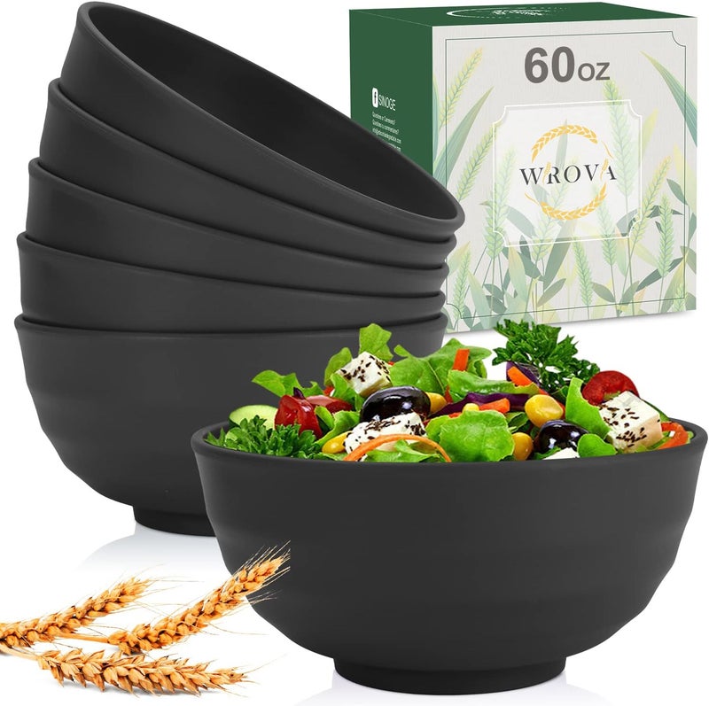 Wrova Wheat Straw Bowls Set 60 OZ Unbreakable Large Cereal Bowls Set of 6 Microwave and Dishwasher Safe Bowls Big Bowls for Camping and Picnic BPA Free Soup Bowl for Serving Oatmeal and Salad Black - Image 1