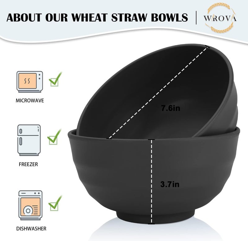 Wrova Wheat Straw Bowls Set 60 OZ Unbreakable Large Cereal Bowls Set of 6 Microwave and Dishwasher Safe Bowls Big Bowls for Camping and Picnic BPA Free Soup Bowl for Serving Oatmeal and Salad Black - Image 2