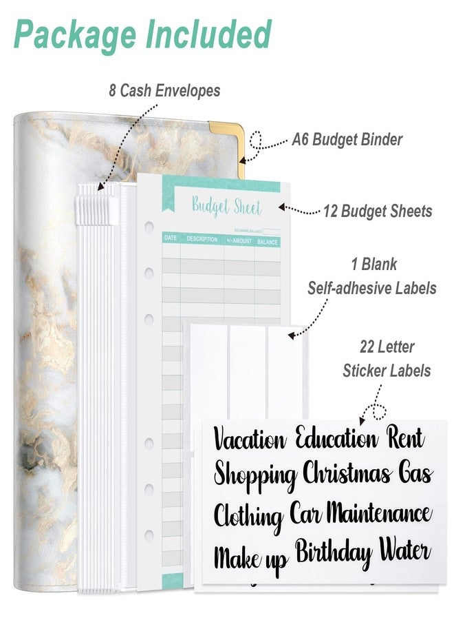 Rnivvi Budget Binder with Zipper Envelopes, A6 Money Saving Binder Cash Envelopes for Budgeting, PU Leather Budget Planner Money Organizer for Cash Bills, Marble Budget Wallet for Women, Gray White - Image 2