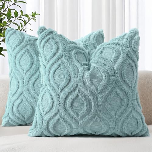 decorUhome Summer Throw Pillow Covers 26x26 Inch Set of 2 Soft Plush Faux Wool Aqua Solid Couch Pillow Covers Accent Euro Sham Farmhouse Neutral Square Pillow Cases for Sofa Bed Living Room - Image 1