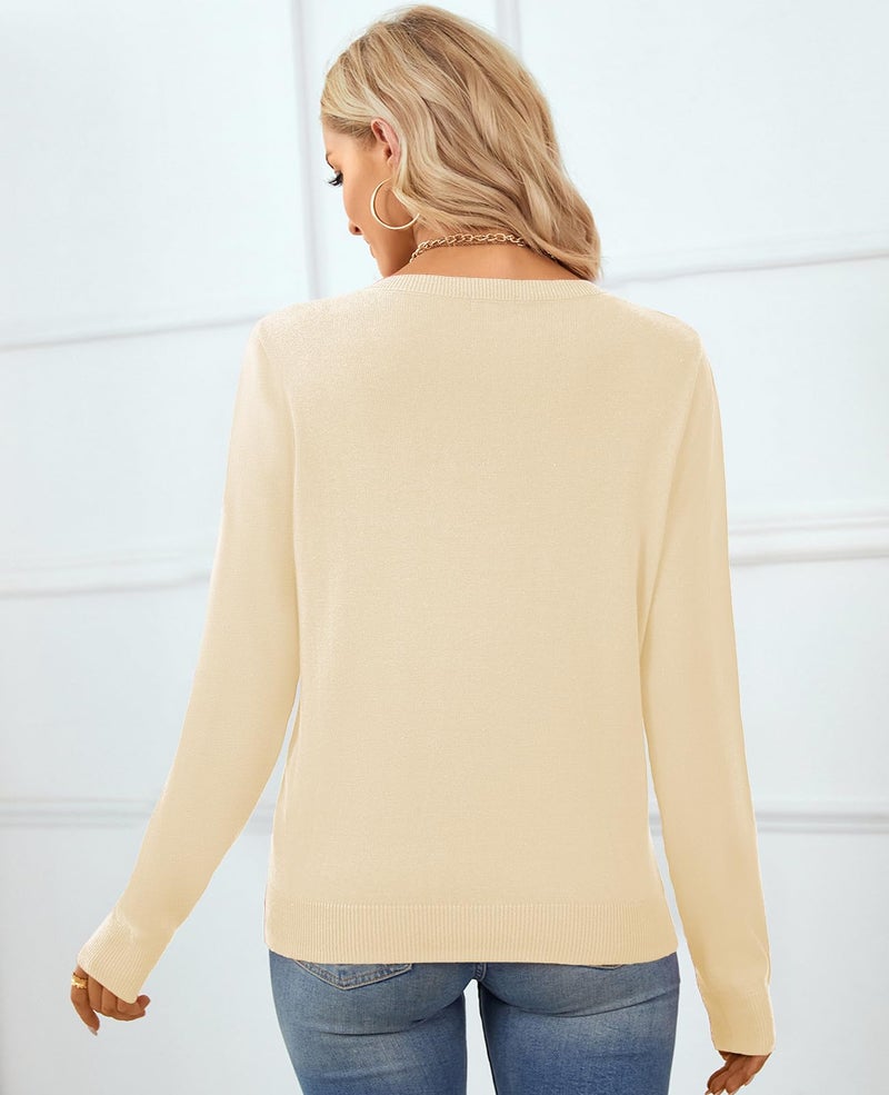QUALFORT Women's 100% Cotton Sweater Crewneck Long Sleeve Knitted Sweaters Vanilla Medium - Image 2