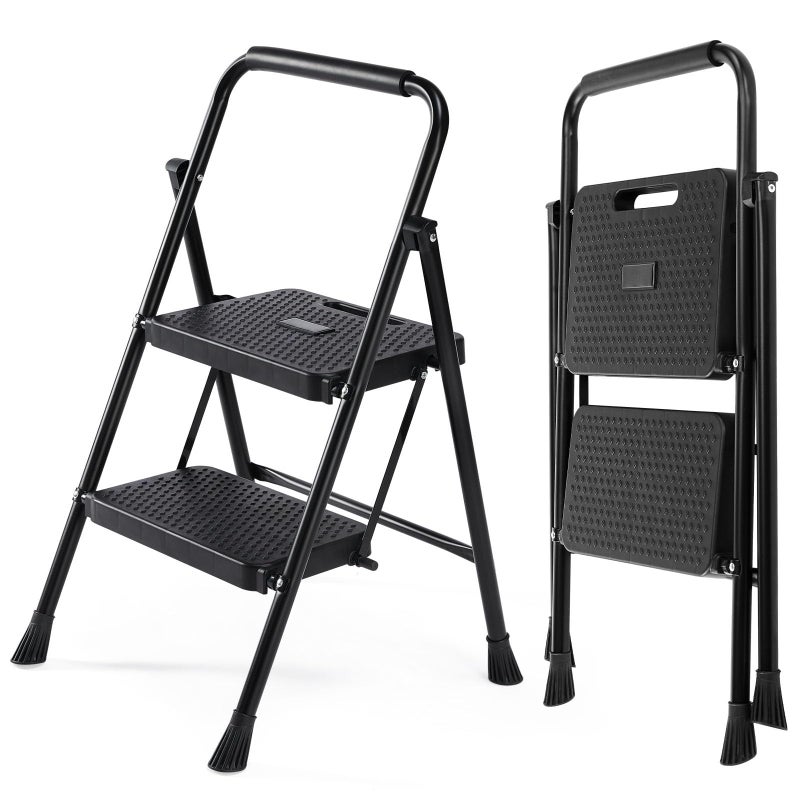 DUMOS Step Ladder, 2 Sturdy Step Stool with Anti-Slip Pedal & Comfortable Handrail, Portable Heavy Duty Step Stool for Kitchen, Garage & Outdoor Use, 800lbs, Black - Image 1