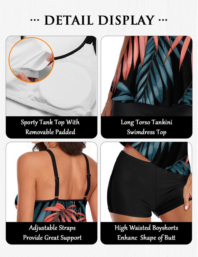 Urchics Womens Gray Tankini Swimsuit Tank Top Two Piece Bathing Suits with Boyshorts Print Leaf L - Image 4
