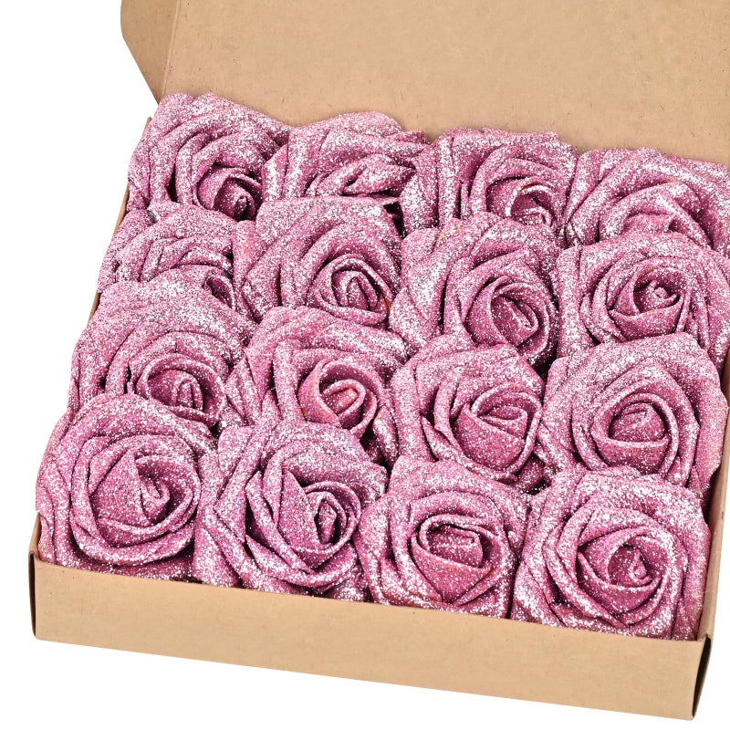 BLEUM CADE 16Pcs Artificial Flowers Fake Roses with Stems Pink Glitter Boxed Foam Roses for DIY Bouquets Centerpieces Wedding Party Arrangement Bridal Shower Decor - Image 2