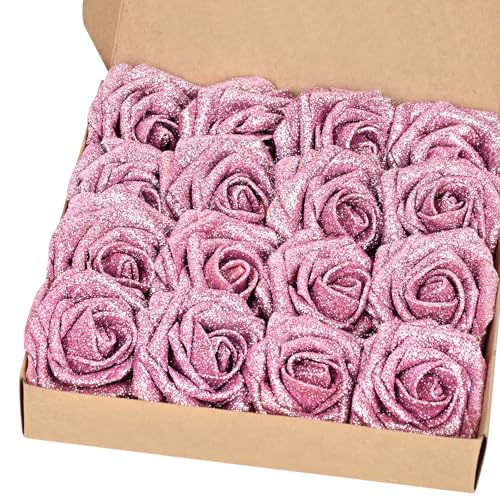 BLEUM CADE 16Pcs Artificial Flowers Fake Roses with Stems Pink Glitter Boxed Foam Roses for DIY Bouquets Centerpieces Wedding Party Arrangement Bridal Shower Decor - Image 1
