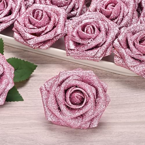 BLEUM CADE 16Pcs Artificial Flowers Fake Roses with Stems Pink Glitter Boxed Foam Roses for DIY Bouquets Centerpieces Wedding Party Arrangement Bridal Shower Decor - Image 3