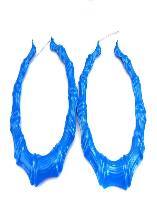 Large Blue Bamboo Earrings 3.5 inch Hoops Blue Hoop Earrings