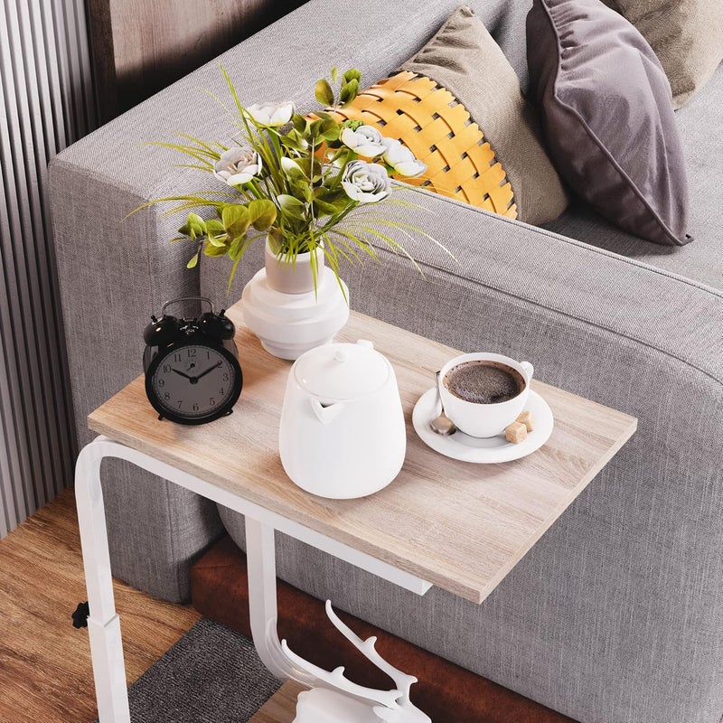 SIMPDIY Side Table Height Adjustable End Table Side Table with 4 Wheels for Sofa Bedroom Living Room Office, Small Coffee Table, Side Tables for Small Spaces, Stable, Heavy Duty Iron, White Oak - Image 4