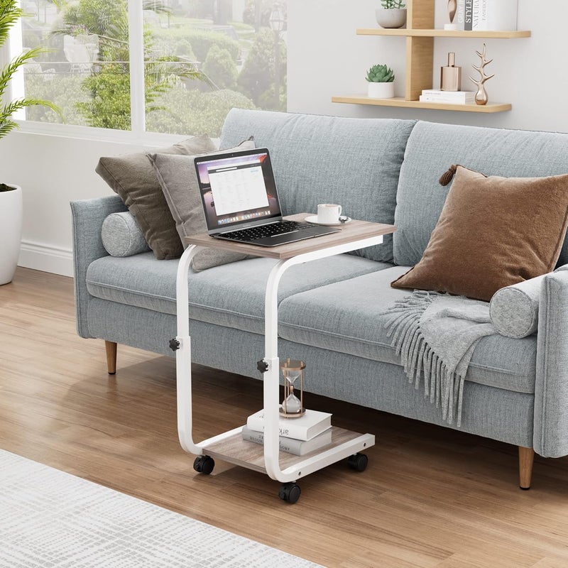 SIMPDIY Side Table Height Adjustable End Table Side Table with 4 Wheels for Sofa Bedroom Living Room Office, Small Coffee Table, Side Tables for Small Spaces, Stable, Heavy Duty Iron, White Oak - Image 2