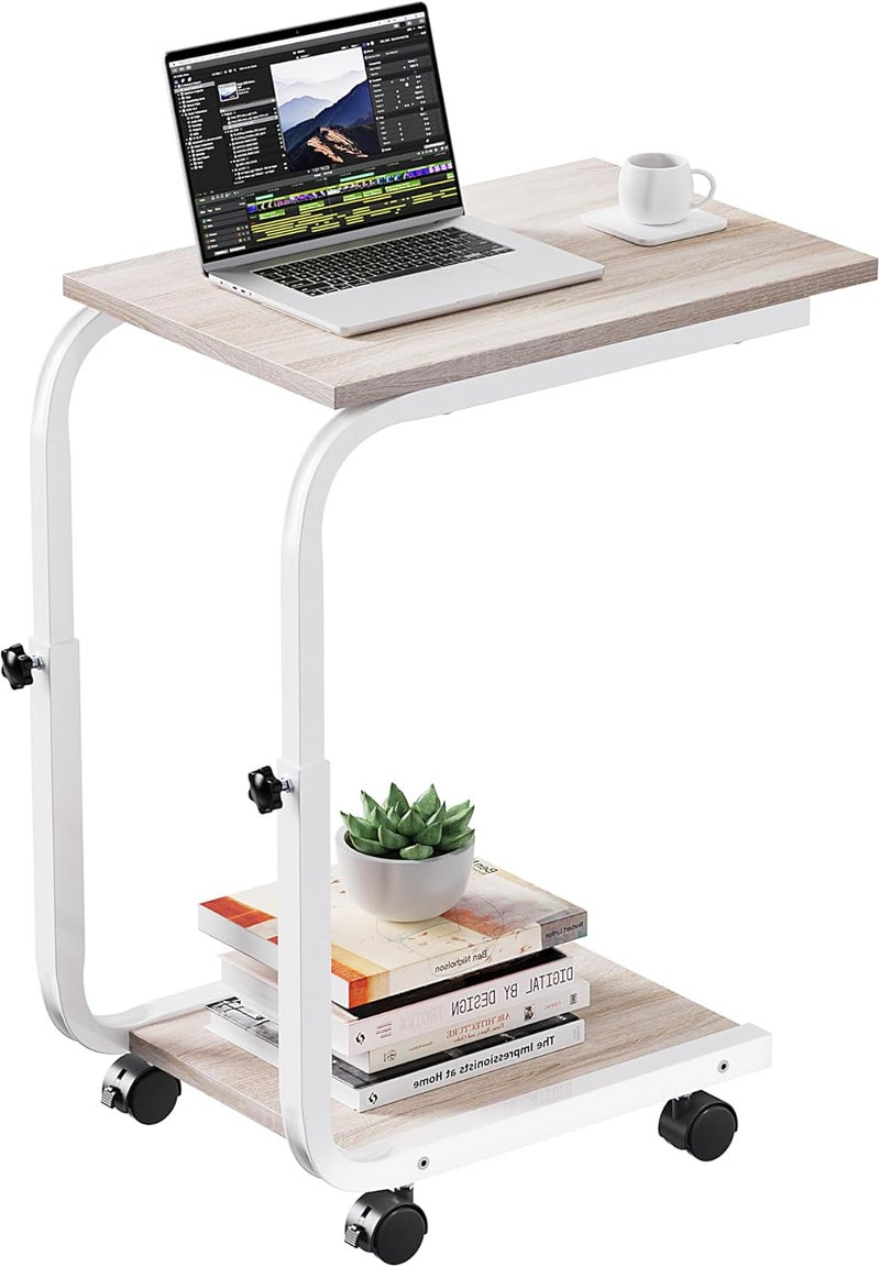 SIMPDIY Side Table Height Adjustable End Table Side Table with 4 Wheels for Sofa Bedroom Living Room Office, Small Coffee Table, Side Tables for Small Spaces, Stable, Heavy Duty Iron, White Oak - Image 1