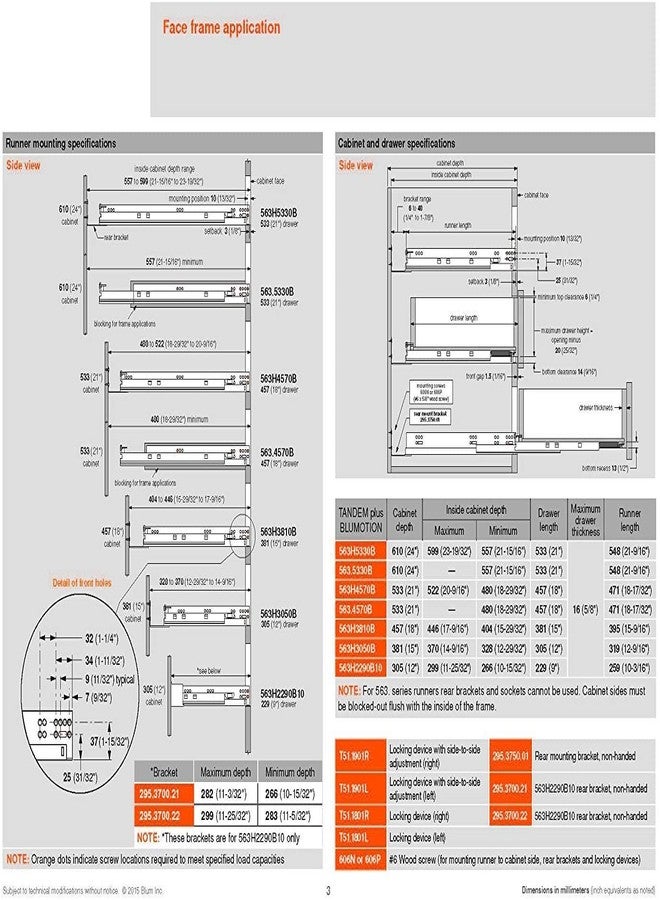 Blum Bundle - 46cm BLUM TANDEM Drawer Slides with BLUMOTION. Includes Slides 563H, Locking Devices, Rear Mounting Brackets, Screws and Instructions. - Image 2
