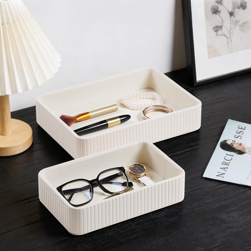 MEIBOOCH Desk Organizer Tray, PU Leather Valet Tray Nightstand Organizer Cologne Perfume Trays for Men Women, Decorative Vanity Trays Key Bowl Trinket Dish (2, Ivory, Large+Small) - Image 3