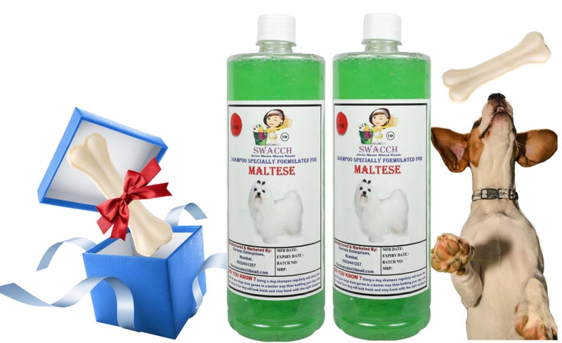swacch Shampoo | Puppy Safe Shampoo | Maltese Dog Shampoo (1 Litre) (Pack of 2) Neem Alovera + Medium White Bone | Dog Chew Bones | Teething chew Toy | Dental Teething |Combo Pack - Image 1