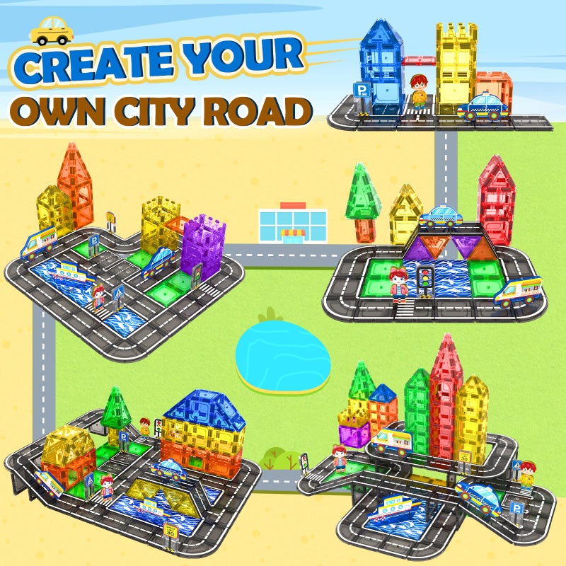 IGIVI 112PCS Magnetic Tiles Road Set with Vibrant Color & Ultra Magnet Strength, City Road Building Blocks Construction Toys for Toddlers Kids Ages 3-12, Creative Gifts STEM Toys for 3+ Years Old Boys Girls - Image 3