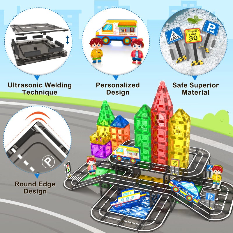 IGIVI 112PCS Magnetic Tiles Road Set with Vibrant Color & Ultra Magnet Strength, City Road Building Blocks Construction Toys for Toddlers Kids Ages 3-12, Creative Gifts STEM Toys for 3+ Years Old Boys Girls - Image 4