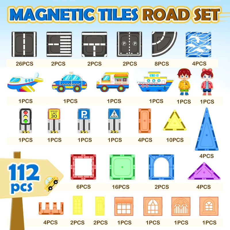 IGIVI 112PCS Magnetic Tiles Road Set with Vibrant Color & Ultra Magnet Strength, City Road Building Blocks Construction Toys for Toddlers Kids Ages 3-12, Creative Gifts STEM Toys for 3+ Years Old Boys Girls - Image 2