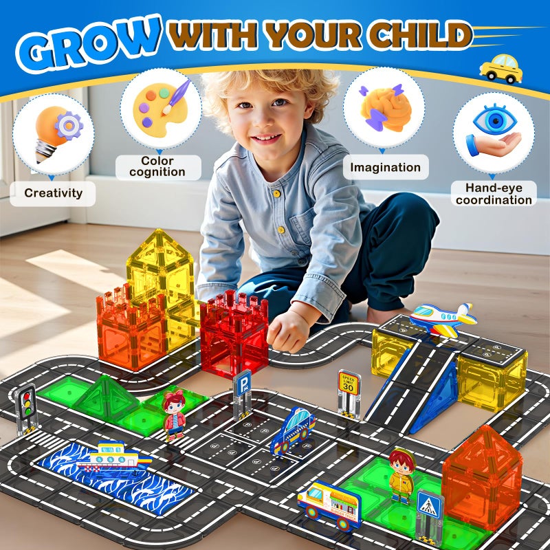 IGIVI 112PCS Magnetic Tiles Road Set with Vibrant Color & Ultra Magnet Strength, City Road Building Blocks Construction Toys for Toddlers Kids Ages 3-12, Creative Gifts STEM Toys for 3+ Years Old Boys Girls - Image 5
