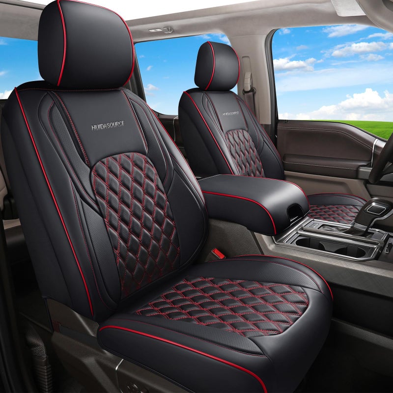 Huidasource Leather Seat Covers Custom Fit for Truck Chevy Silverado GMC Sierra 1500 2007201320192025 2500HD 3500HD 20202025 Crew Double Extended Cab Seat Cushion Protector Full SetBlackRed