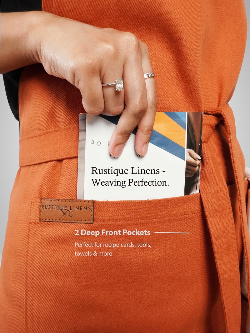 RUSTIQUE LINENS Kitchen Apron – 100% Cotton, Adjustable Neck strap, Large Pocket – Unisex Apron for Men & Women – Cooking, Baking, BBQ, Gardening – Ochre - Image 4